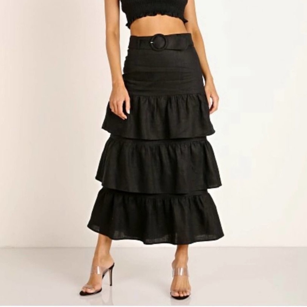NEVER WORN PAULA LINEN TIERED BLACK MAXI SKIRT
